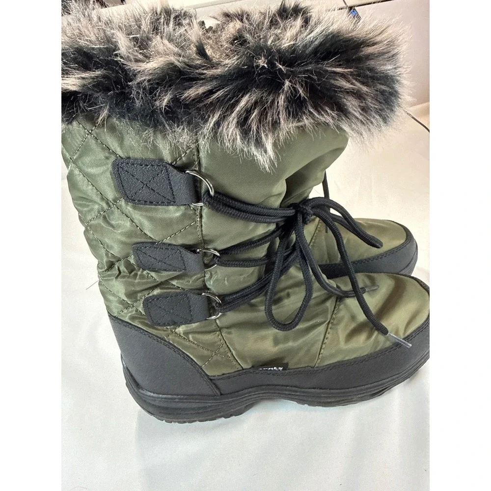 Après Women Olive Green Quilted Faux Fur Trim Winter Snow Boots Size 8